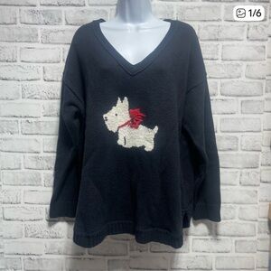 J Jill Sweater Women Navy Blue Scottie Dog Wool/Yak Hair Blend V Neck Large